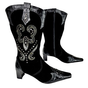 Kennel Schmenger Cowboy Boot 10 Women Black Suede Leather Snake Print UK‎ 7.5